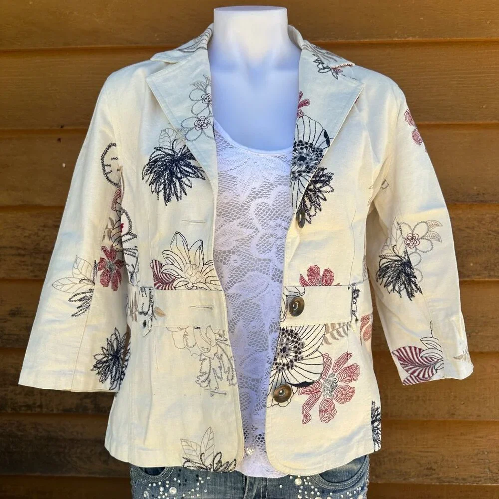 Vintage Multiples Embroidered Red Blue Cream Linen Blazer Size M - Picture 5 of 9